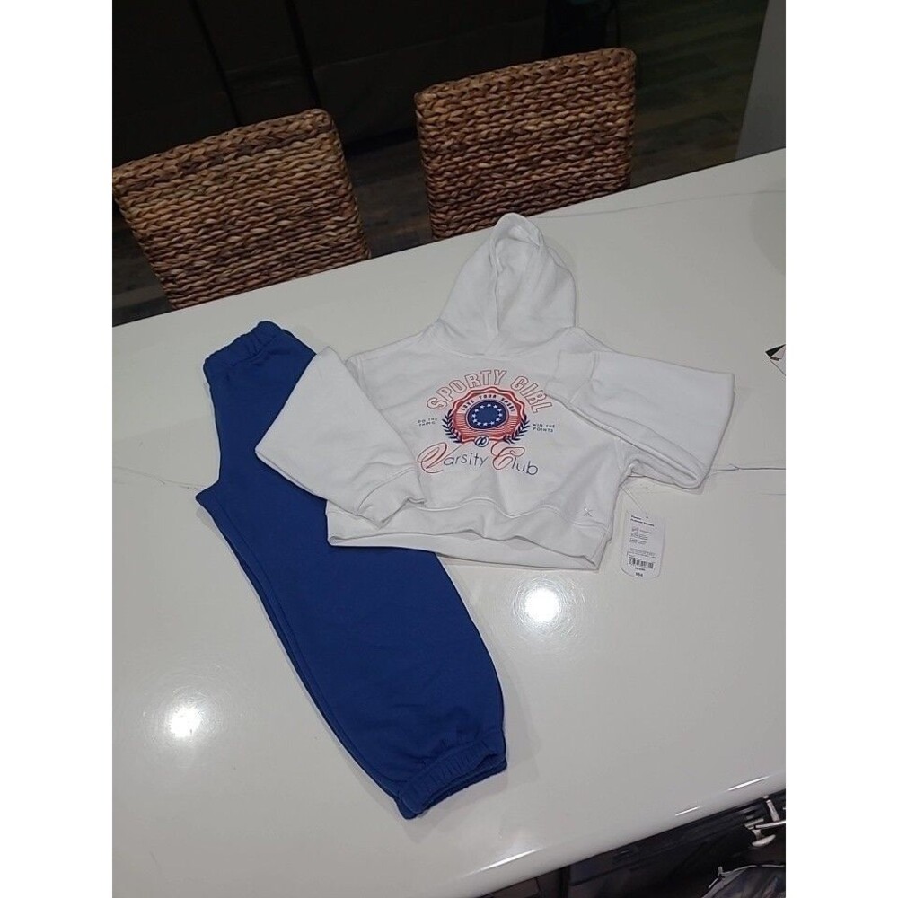 Xersion Girls cropped Hoodie Jogger Outfit Set White Blue XS 6/6X NWT B25